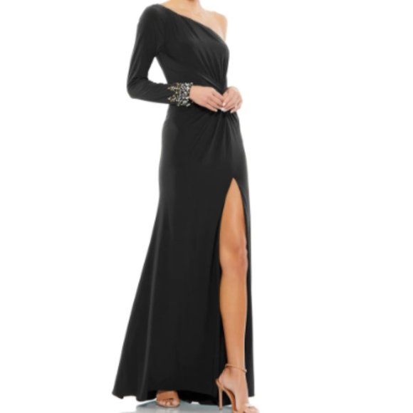 Ieena for Mac Duggal Twist Front Embellished Sleeve Jersey Gown - Picture 1 of 4